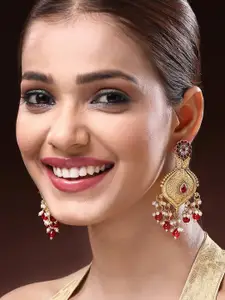 ADIVA Gold-Plated Artificial Stones Studded And Antique Floral Shaped Drop Earrings