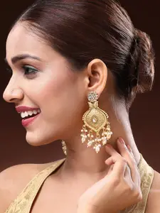 ADIVA Gold-Plated Artificial Stones Studded And Beaded Antique Floral Shaped Drop Earrings