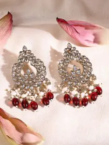 ADIVA Gold-Plated  Royal Kundan Studded And Pearls Beaded Teardrop Shaped Chandbalis