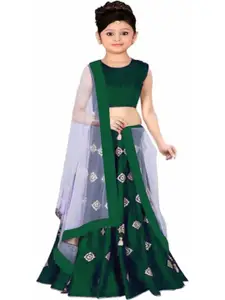 F Plus Fashion Girls Green Raw Silk Semi-Stitched Lehenga Choli