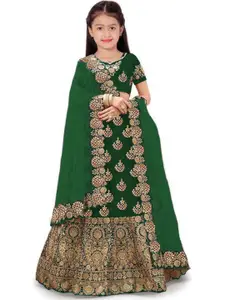 F Plus Fashion Girls Green Satin Semi-Stitched Lehenga Choli