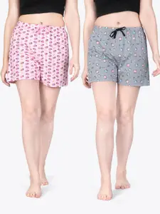 ariel Women Pack of 2 Printed Mid-Rise Pure Cotton Lounge Shorts