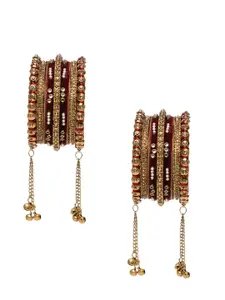 Peora Set Of 10 Gold Plated Kundan Studded Chuda with Latkan Bangles
