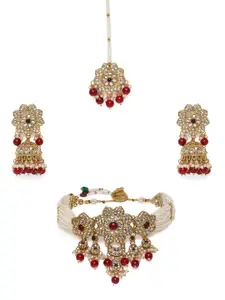 Peora Gold Plated Kundan & Maroon Beads Studded Necklace Set