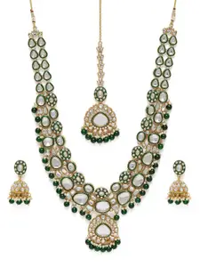 Peora Gold Plated Kundan & Green Beads Studded Necklace Set