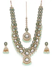 Peora Gold Plated Kundan & Green Beads Studded Necklace Set
