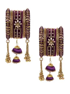 Peora Set Of 10 Gold Plated Kundan Studded Chuda with Latkan Bangles