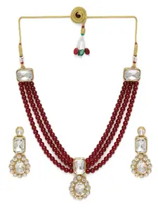 Peora Gold Plated Maroon Crystal & Beads Studded Long Necklace Set