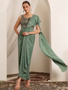 Miss Chase Women Sweetheart Neck Sleeveless Embroidered Pleated Satin Maxi Ethnic Dress