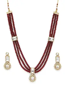 Peora Gold Plated Maroon Crystal & Beads Studded Long Necklace Set