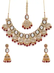 Peora Gold Plated Kundan & Maroon Beads Studded Necklace Set
