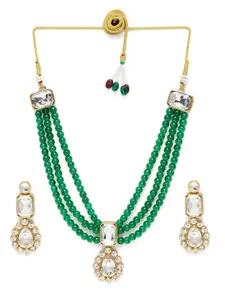 Peora Gold Plated Green Crystal & Beads Studded Necklace Set