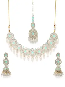 Peora Gold Plated Mint Faux Ruby CZ & Beads Studded Necklace Set