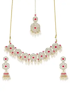 Peora Gold Plated Rani Pink Faux Ruby CZ & Beads Studded Necklace Set