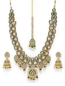 Peora Gold Plated Kundan & Green Beads Studded Necklace Set