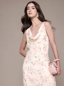 MANGO Floral Print Draped Neck Maxi Dress