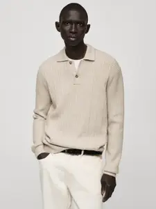 MANGO MAN Cable Knit Shirt Collar Pullover