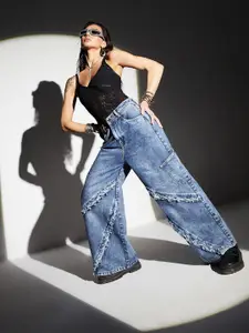 Miss Chase Women Wide Leg High-Rise Highly Distressed Heavy Fade Jeans