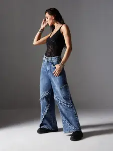 Miss Chase Women Wide Leg High-Rise Frayed Denim Heavy Fade Jeans