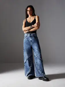 Miss Chase Women Wide Leg High-Rise Highly Distressed Heavy Fade Jeans