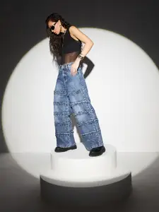 Miss Chase Women Wide Leg High-Rise Highly Distressed Heavy Fade Jeans