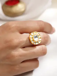 Rubans 18K Gold-Plated White Kundan Studded Circular Adjustable Ring
