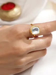 Rubans 18K Gold-Plated Oversized White Kundan Classic Cushion Design Adjustable Ring