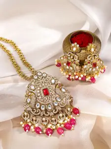 Rubans 22K Gold-Plated Ruby Pink Cubic Zirconia Ruby and Pearls Necklace Set