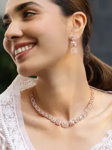 Rubans 22K Rose Gold-Plated White Cubic Zirconia Studded Floral & Geometric Necklace Set
