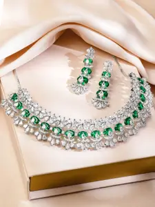 Rubans Rhodium-Plated Emerald Green & Cubic Zirconia Studded Floral Necklace Set