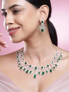 Rubans Rhodium-Plated Emerald Green & Cubic Zirconia Studded Luxe Chandelier Necklace Set