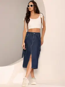 DOLCE CRUDO Cargo Straight Midi Denim Skirt