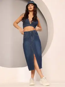 DOLCE CRUDO High Rise A-Line Midi Non-Stretchable Denim Skirt