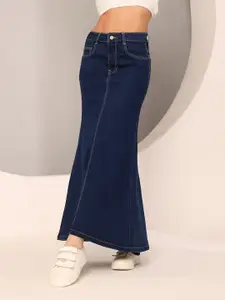 DOLCE CRUDO High Rise Flared Maxi Stretchable Denim Skirt