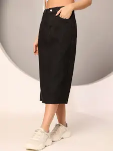 DOLCE CRUDO High Rise Straight Midi Stretchable Denim Skirt