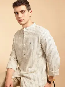 French Connection Men Premium Slim Fit Striped Mandarin Collar Cotton Linen Casual Shirt