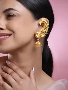 Rubans 22K Gold-Plated Oversized Peacock Ear-Cuff Ghungroo Dome Drop Jhumka Earrings
