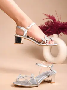 JM Looks Women Embellished Block Heel Sandals with Rhinestone & Butterfly Design