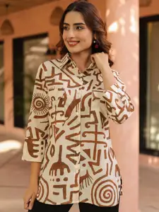 Rain & Rainbow Women Abstract Printed Shirt Collar Cotton Top