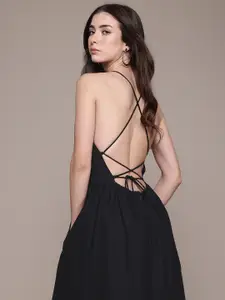 MANGO Pure Cotton Shoulder Straps Styled Back Midi Fit & Flare Dress