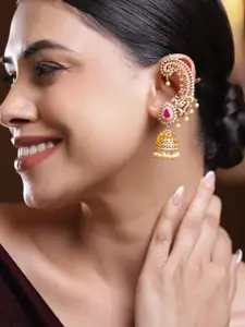 Rubans 22K Gold-Plated Ruby Pink AD & White Cubic Zirconia Studded Ear-Cuff Jhumka Earring