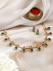 Rubans 22K Gold-Plated Emerald Green & Ruby Red Stone-Studded Adjustable Necklace Set