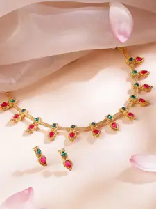 Rubans 22K Gold-Plated Ruby Pink & Emerald Green Stone Necklace Set with Drop Danglers