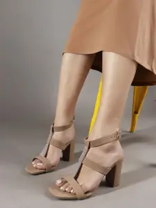 ELLE Women Embellished Open Toe Block Sandals with Buckles