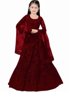 F Plus Fashion Girls Maroon Embellished Semi-Stitched Lehenga Blouse With Dupatta