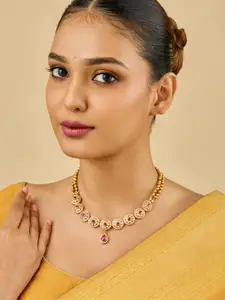 Kushal's Fashion Jewellery Women Ruby Gold-Plated Ethnic 92.5 Pure Silver Temple Necklace