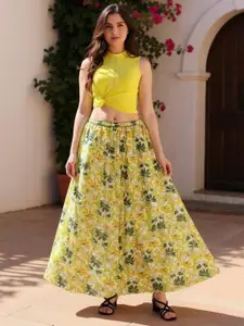 Hive91 Floral Printed Pure Cotton Long Flared Maxi Skirt