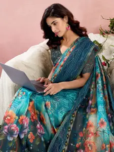 Satrani Floral Printed Sequinned Silk Blend Saree