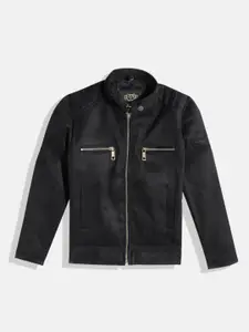 Leather Retail Boys Typography Printed Suede Lightweight Leather Jacket