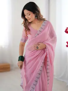Satrani Beads and Stones Pure Chiffon Saree With Unstitched Blouse Piece